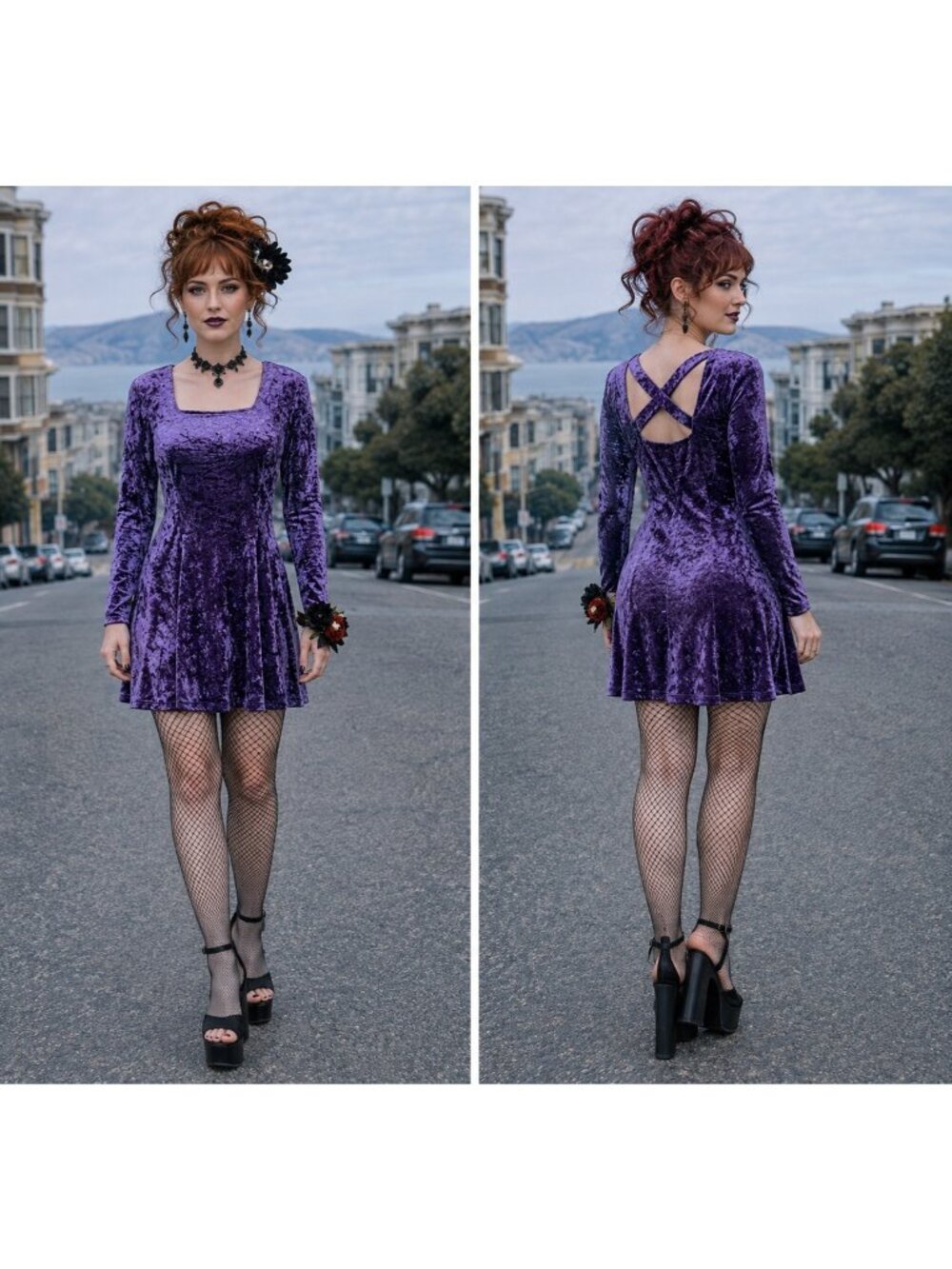 Vintage 90s Purple Crushed Velvet Skater Mini Dress